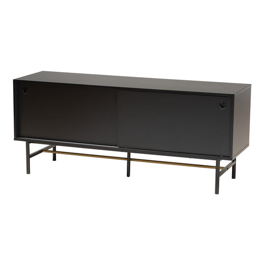 Truett Modern TV Stand in Dark Brown Wood with Two-Tone Black and Gold Metal Accents for Living Room Entertainment Center