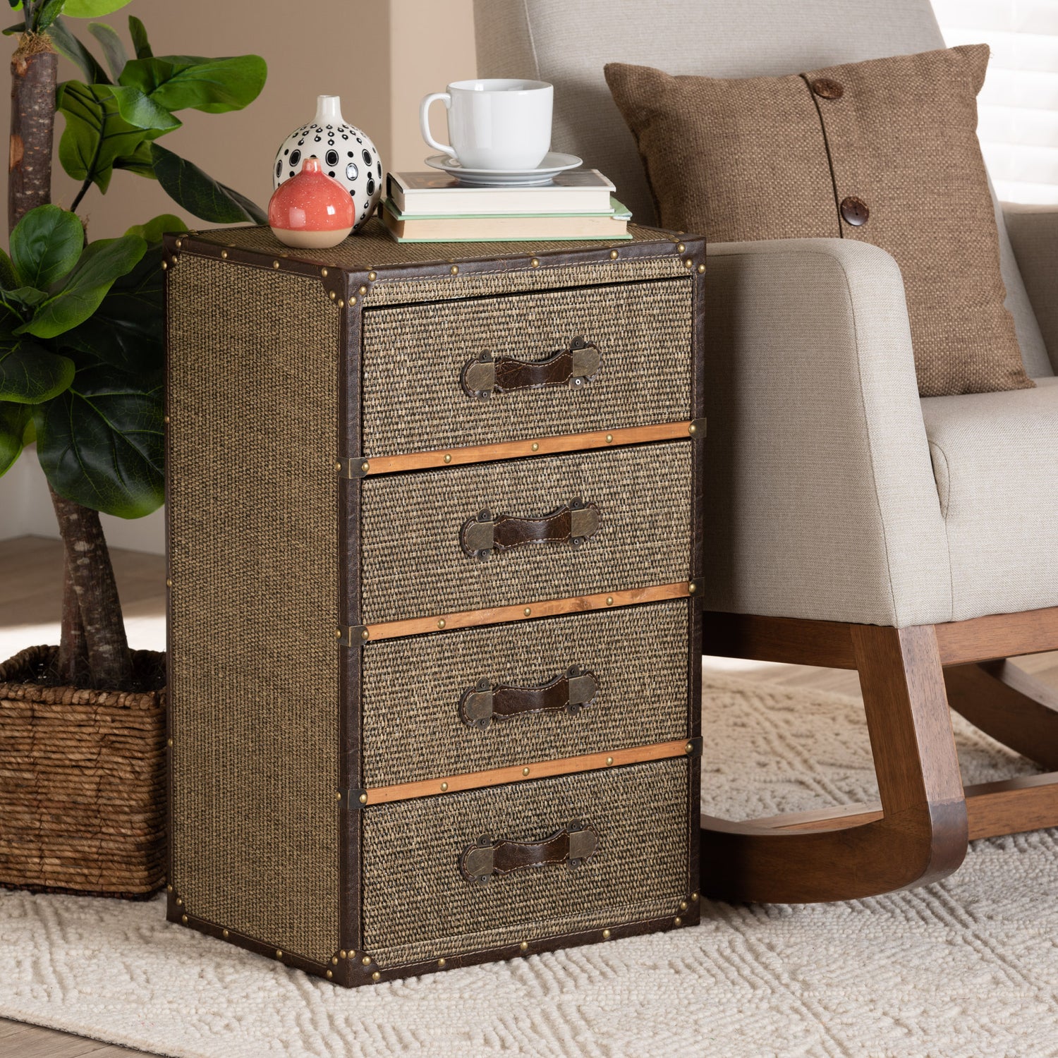 Owen Accent Storage Cabinet Mid-Century Modern Design with Brown Fabric Upholstery and 4 Drawers for Stylish Organization