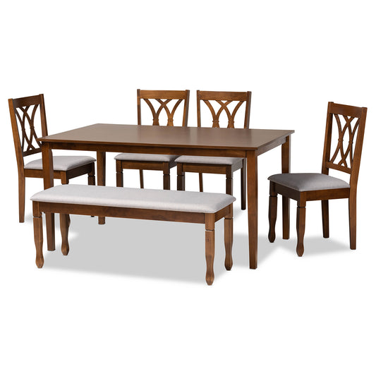 Reneau 6-Piece Dining Set in Modern Style with Grey Fabric Upholstery and Walnut Brown Wood Finish