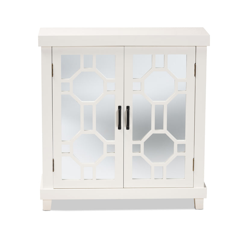 Carlena Sideboard - Modern White Wood Storage Cabinet with Mirrored Glass, 2-Door Design for Dining or Living Room