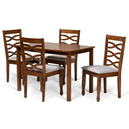 Mirna 5-Piece Dining Set - Modern Grey Fabric Chairs with Walnut Brown Finished Wood Table