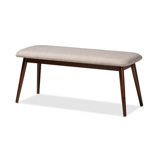 Flora Dining Bench Light Grey Fabric Upholstered Walnut Finished Wood Mid-Century Modern