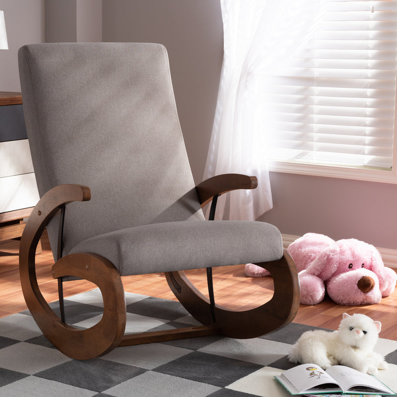 Kaira Rocking Chair Modern and Contemporary Light Beige Fabric Upholstered Walnut-Finished Wood