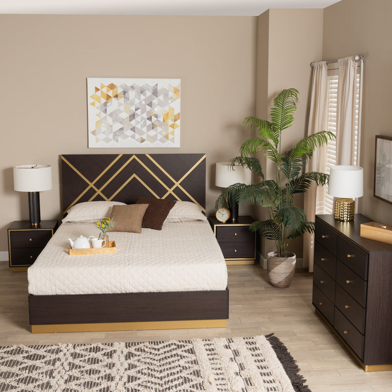 Arcelia Queen Size Bedroom Set Contemporary Glam Luxe 4-Piece Collection in Two-Tone Dark Brown and Gold Finished Wood