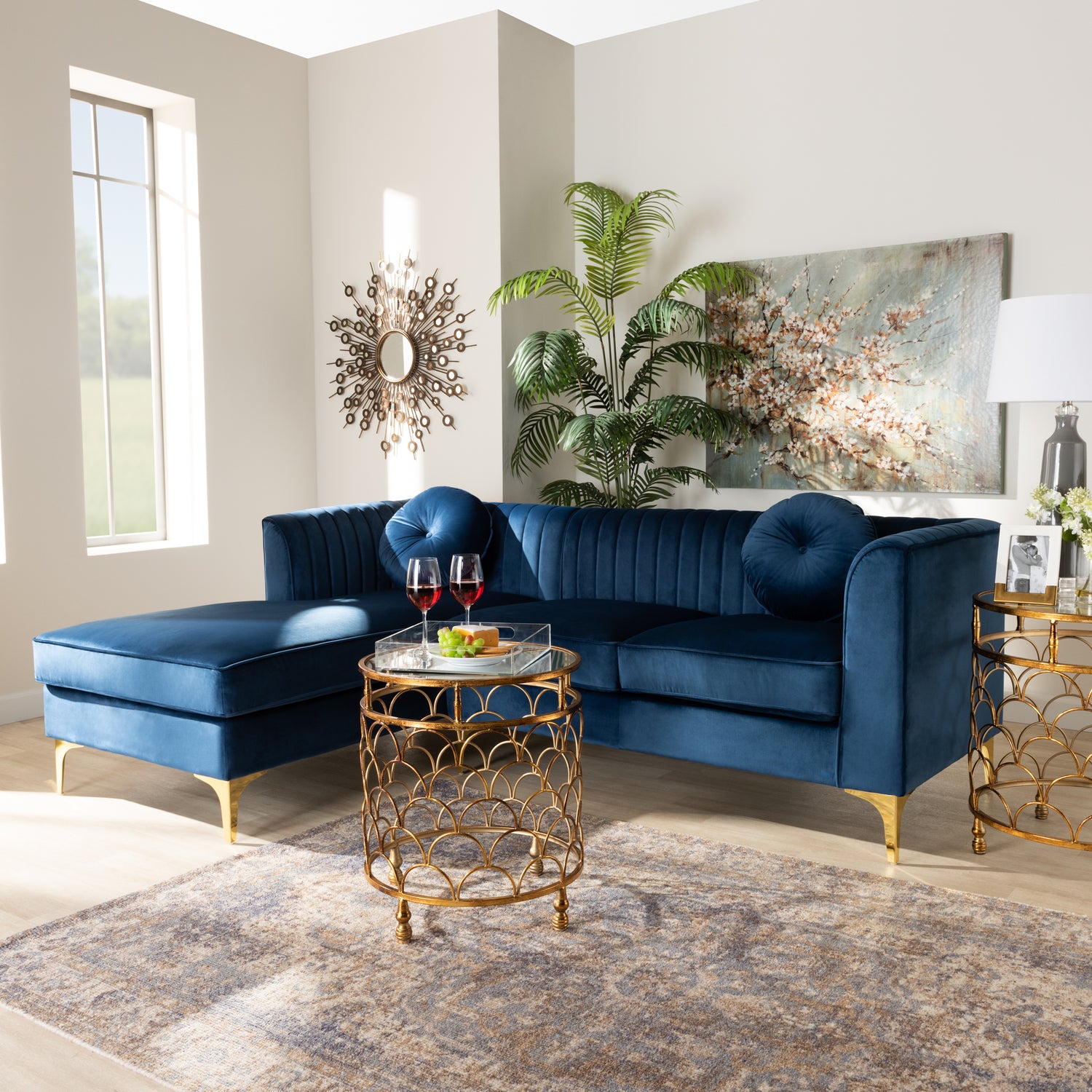 Giselle Glam Luxe Sectional Sofa Navy Blue Velvet Upholstered with Mirrored Gold Finish and Left Facing Chaise