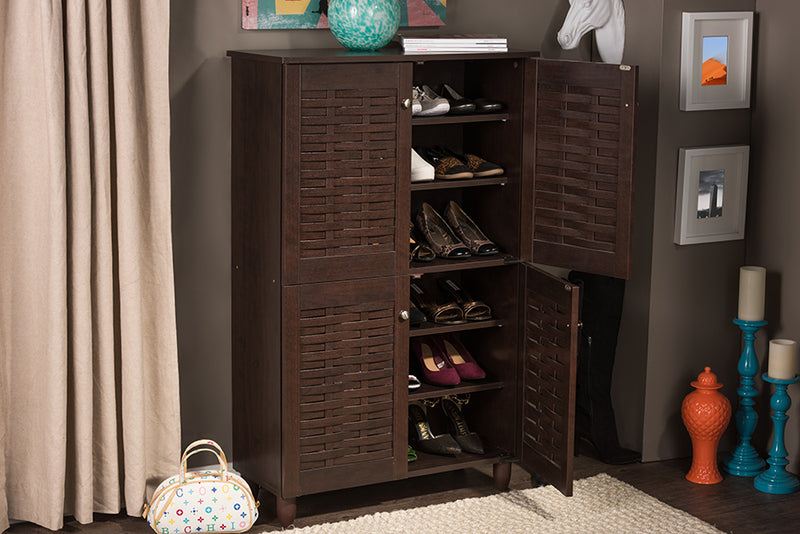 Winda Storage Cabinet Modern and Contemporary 4-Door Dark Brown Wooden Entryway Shoes