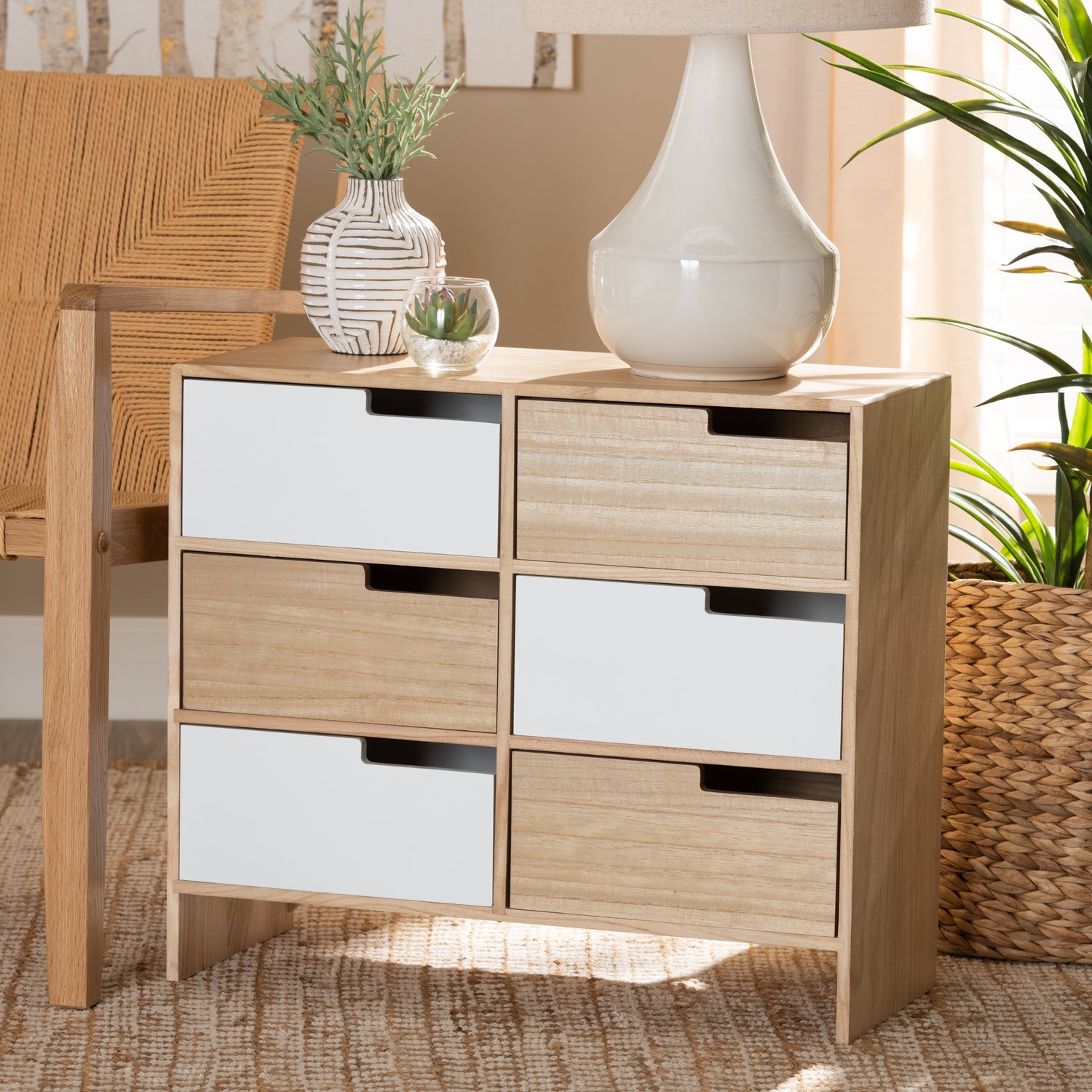 Eben Storage Cabinet Modern Two-Tone Design in White and Oak Brown Finish with 6 Drawers for Stylish Organization