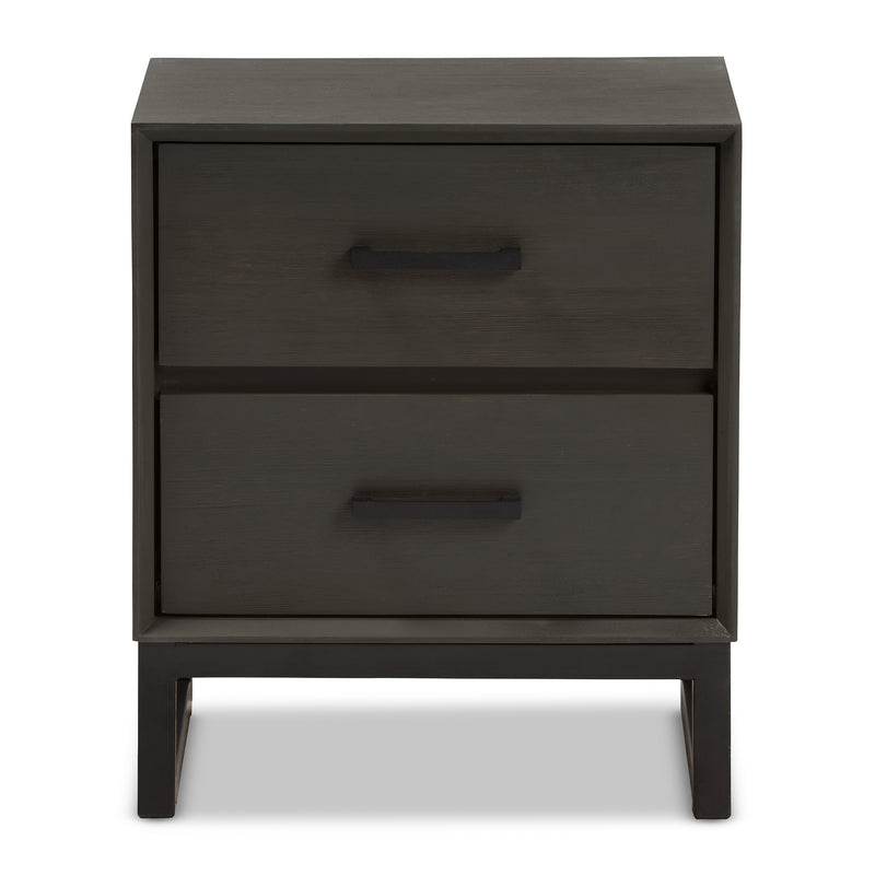 Parris Nightstand Rustic Grey Wood and Black Metal 2-Drawer Bedroom Furniture with Modern Design