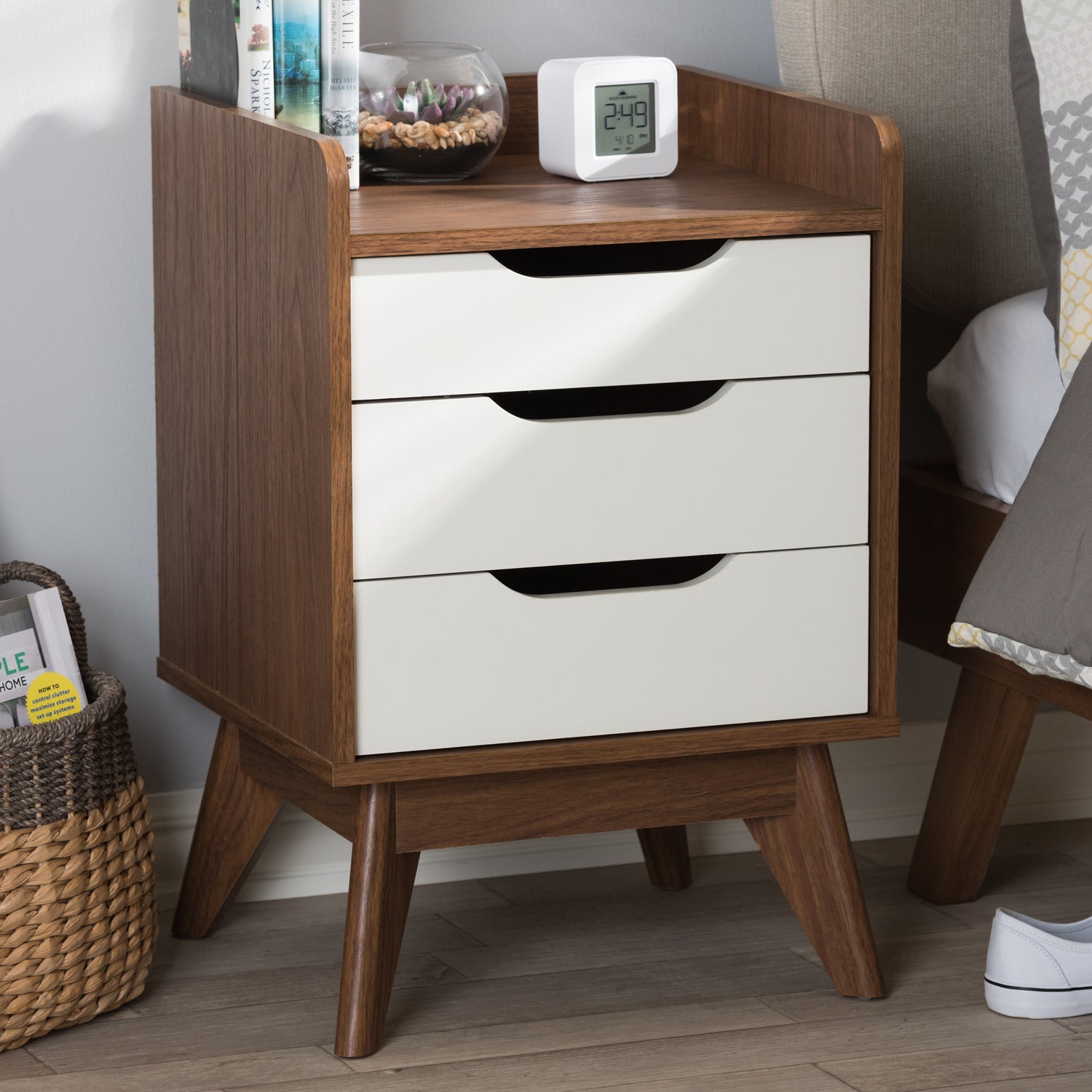 Brighton Nightstand - Mid-Century Modern 3-Drawer Storage in White and Walnut