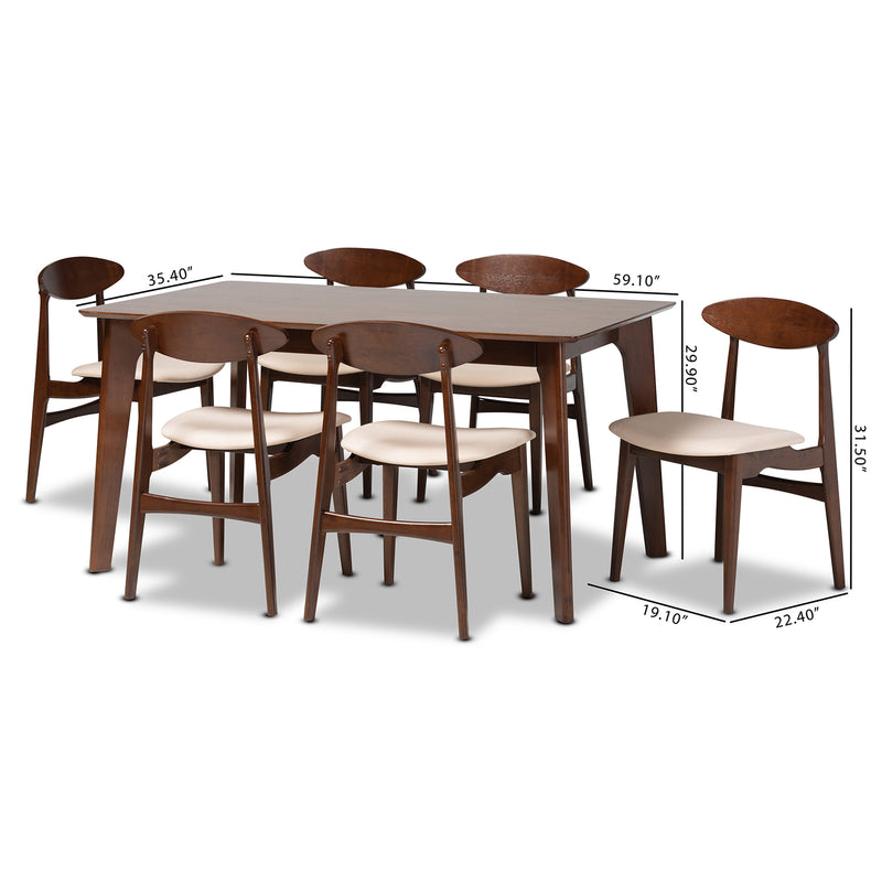 Daria 7-Piece Dining Set in Mid-Century Modern Style with Cream Upholstery and Dark Brown Wood Finish