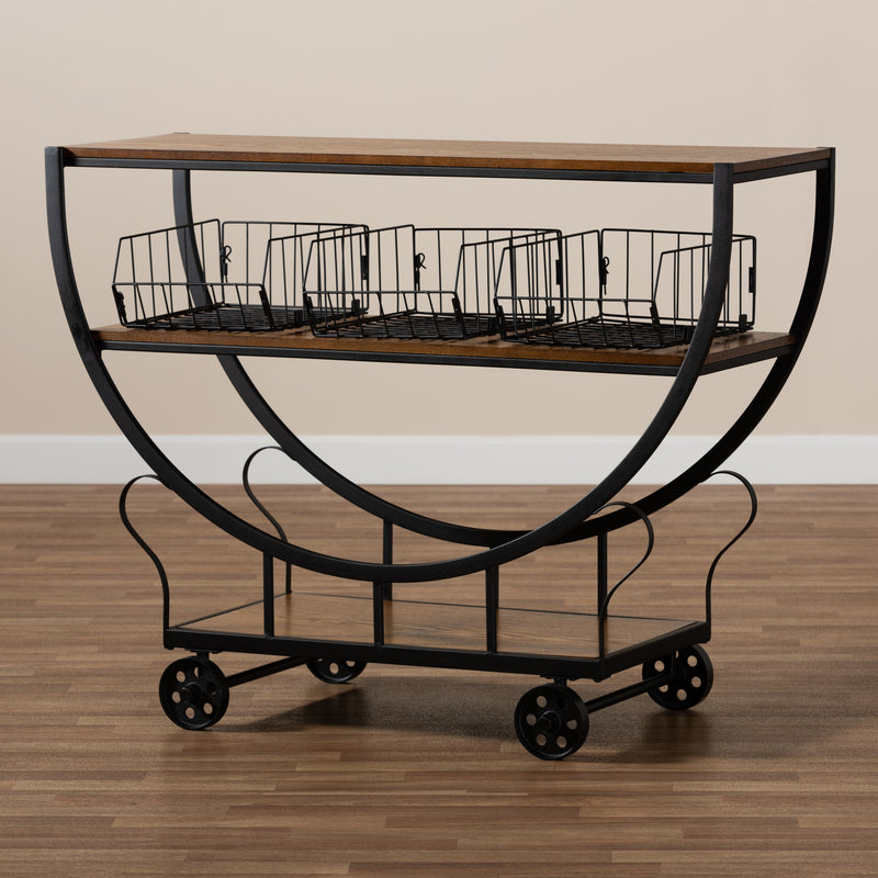 Frieda Console Cart Rustic Industrial Farmhouse Design with Walnut Brown Wood and Black Metal Accents