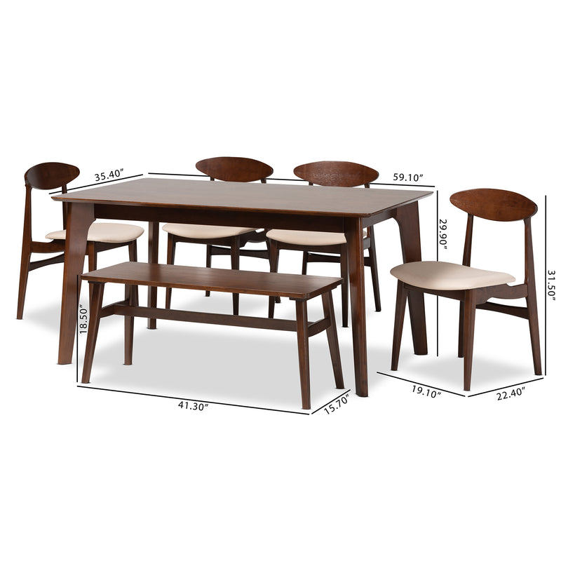 Daria Dining Set Mid-Century Modern 6-Piece Cream Fabric and Dark Brown Wood Collection for Stylish Dining Rooms