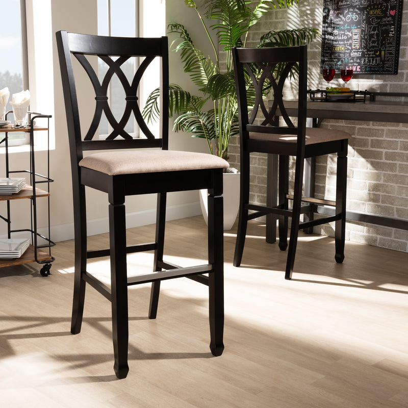 Calista Bar Stool Set Modern and Contemporary Grey Fabric Upholstered Espresso Brown Finished Wood 2-Piece