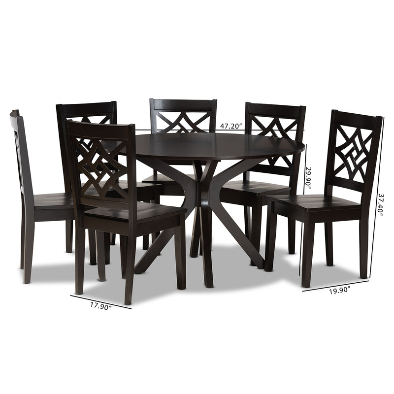 Miela Dining Set Modern and Contemporary Dark Brown Finished Wood 7-Piece