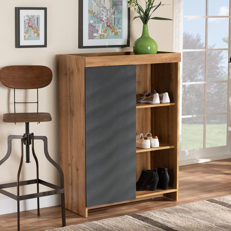 Caspian Modern Shoe Cabinet in Two-Tone Grey and Oak Brown Finished Wood for Stylish Storage Solutions