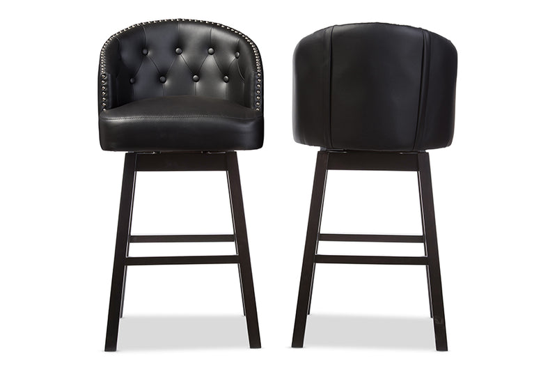 Avril Barstool Modern and Contemporary Black Faux Leather Tufted Swivel with Nail Head Trim Set of 2