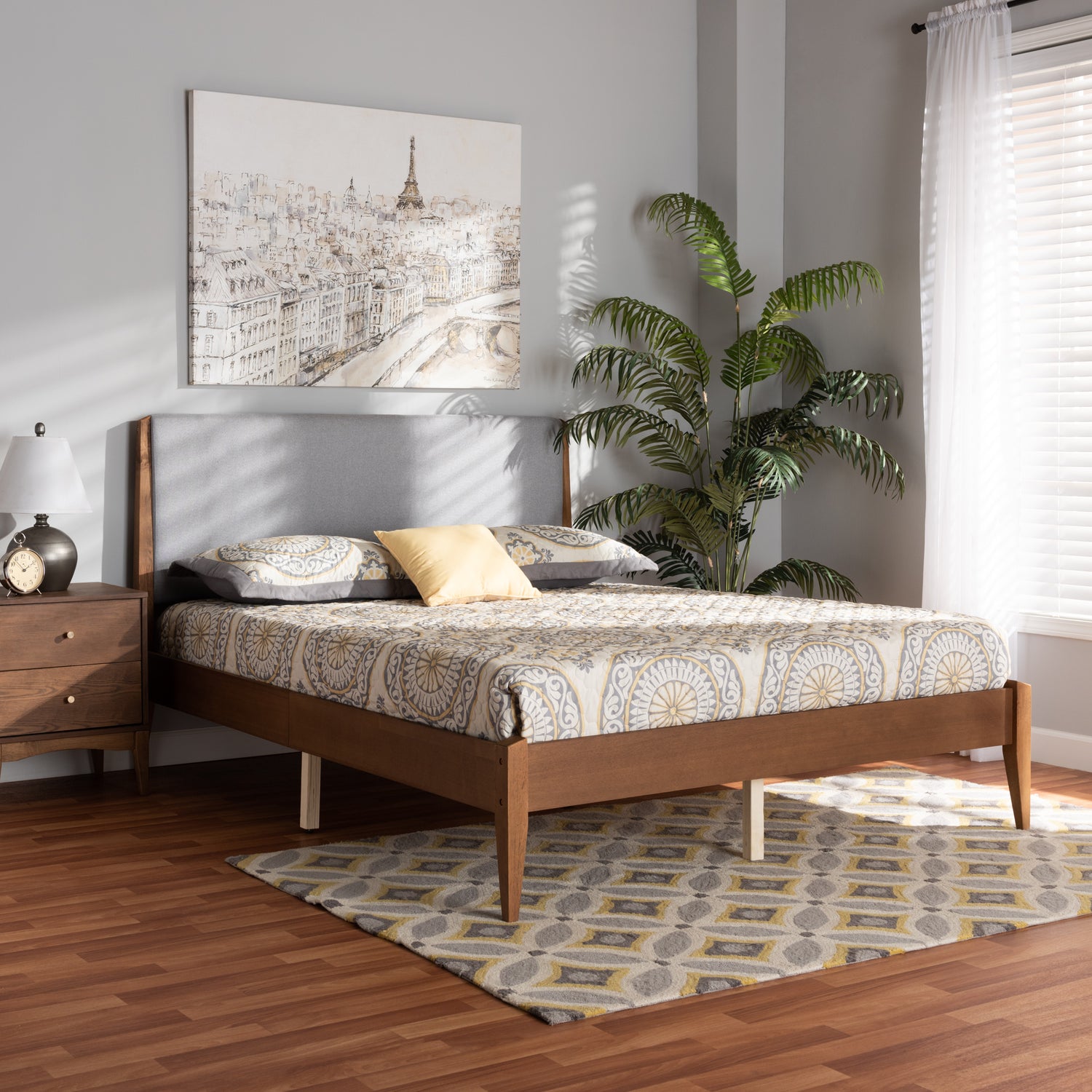 Lenora King Size Platform Bed - Mid-Century Modern Grey Fabric Upholstery with Walnut Brown Wood Frame