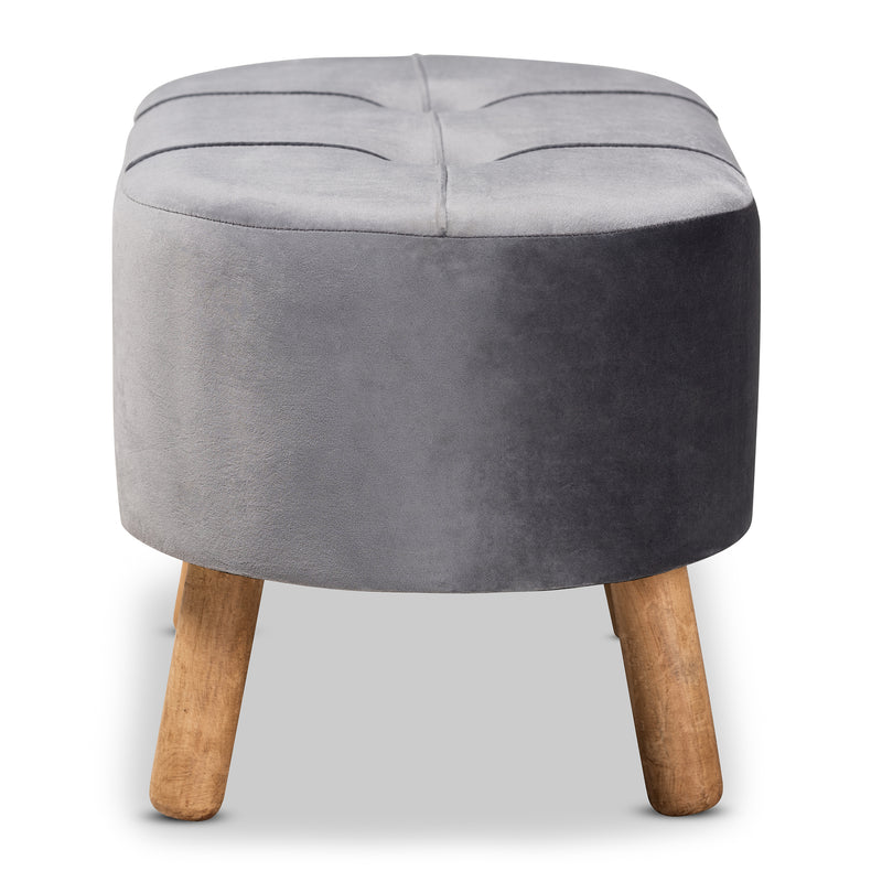 Simone Mid-Century Modern Ottoman Grey Velvet Upholstered Wood Footrest for Stylish Living Room Decor