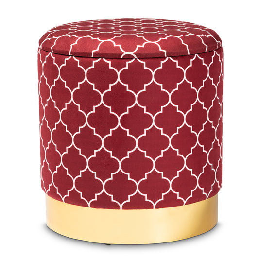 Serra Ottoman Glam and Luxe Red Quatrefoil Velvet Fabric Upholstered Gold Finished Metal Storage