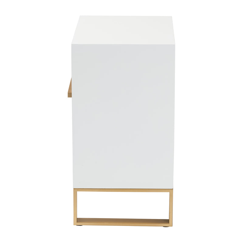 Giolla End Table Contemporary Glam and Luxe White Finished Wood and Gold Metal 2-Drawer