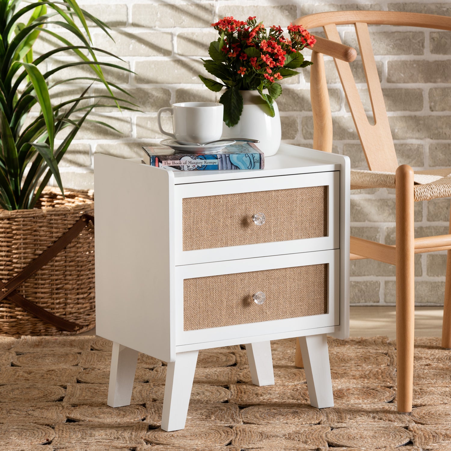 Balta End Table - Mid-Century Modern Design with Oak Brown Rattan and White Wood, Featuring 2 Storage Drawers