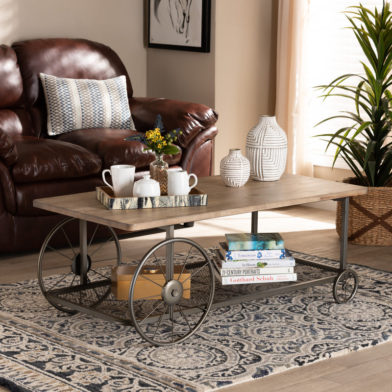 Terence Coffee Table Vintage Rustic Industrial Design with Natural Wood and Black Metal Wheels