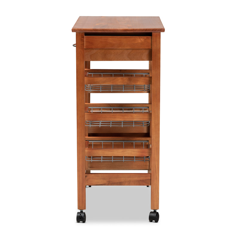 Crayton Mobile Kitchen Storage Cart - Modern Design with Oak Brown Wood and Silver-Tone Metal Accents