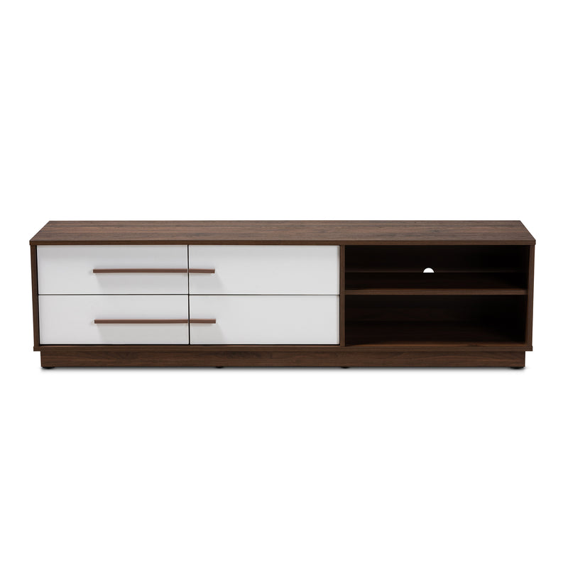 Mette Mid-Century Modern TV Stand Two-Tone White and Walnut Finished 4-Drawer Wood Entertainment Center for Living Room Storage