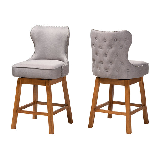 Gradisca Counter Stool Set Modern Grey Fabric and Walnut Brown Finished Wood 2-Piece