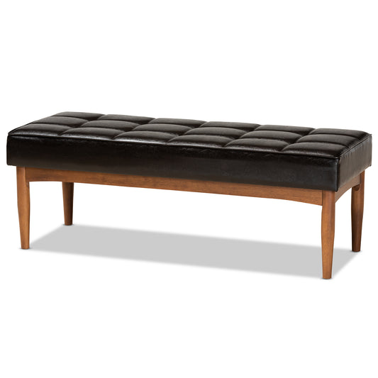 Sanford Dining Bench Mid-Century Modern Dark Brown Faux Leather Upholstered Walnut Brown Finished Wood