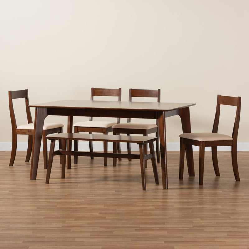 Carola Dining Set Mid-Century Modern Cream Fabric and Dark Brown Finished Wood 6-Piece