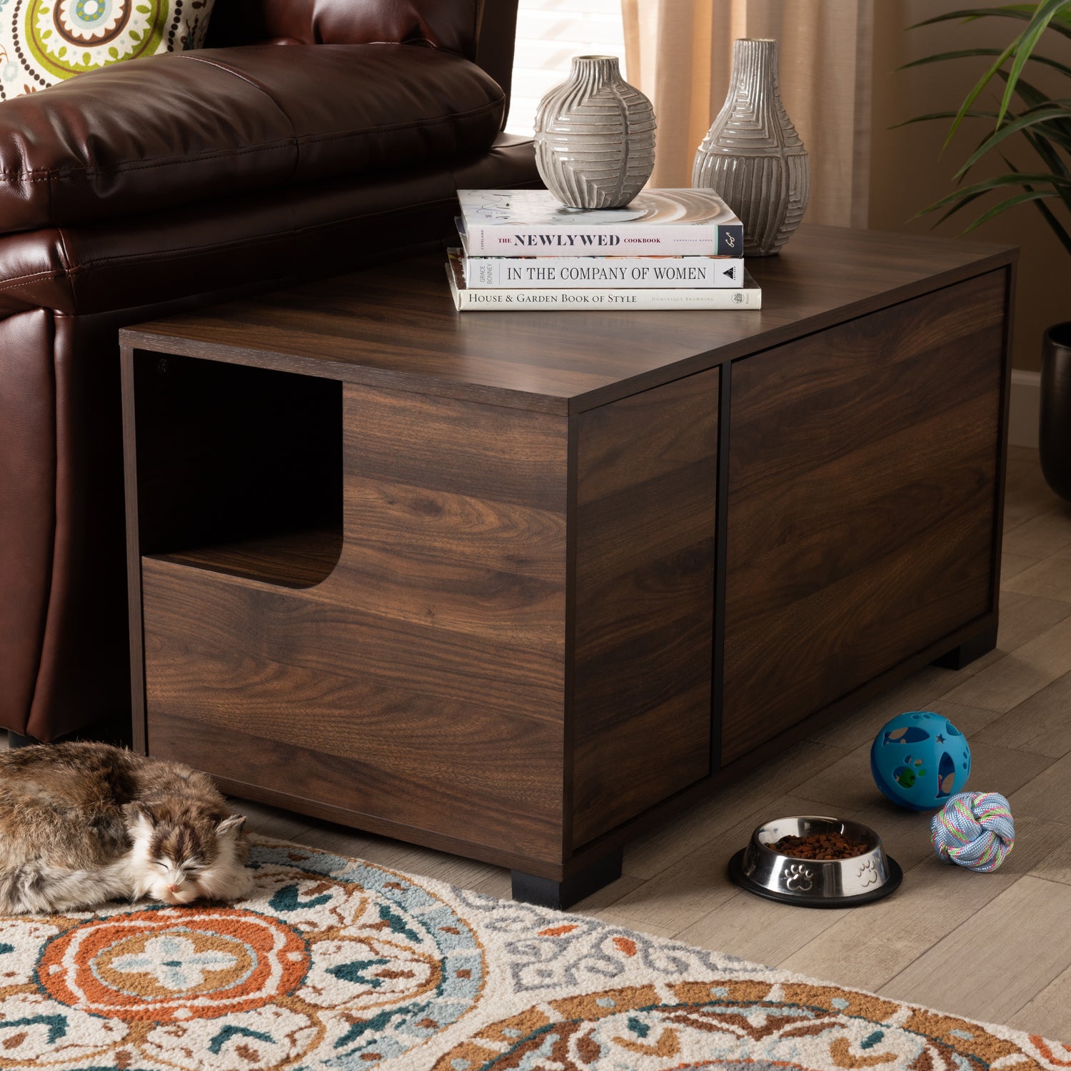 Connor Cat Litter Box Cover House Modern Contemporary Design in Walnut Brown Finish with 2 Doors for Stylish Pet Concealment