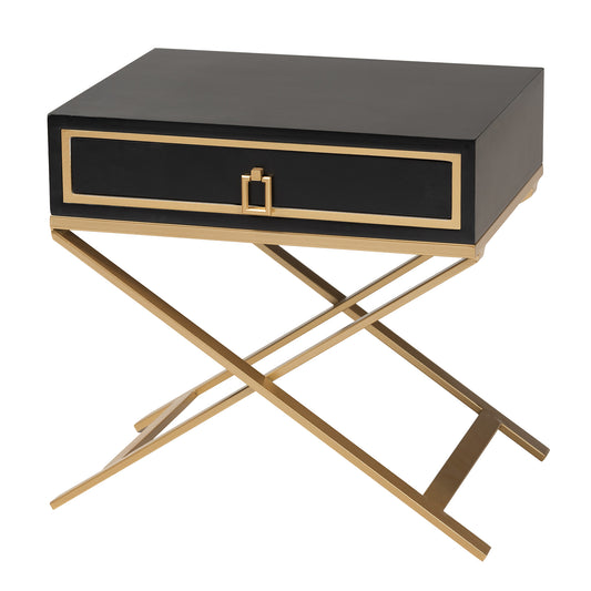 Lilibet End Table Modern Glam Luxe Design Black Finished Wood Gold Metal 1 Drawer for Stylish Storage