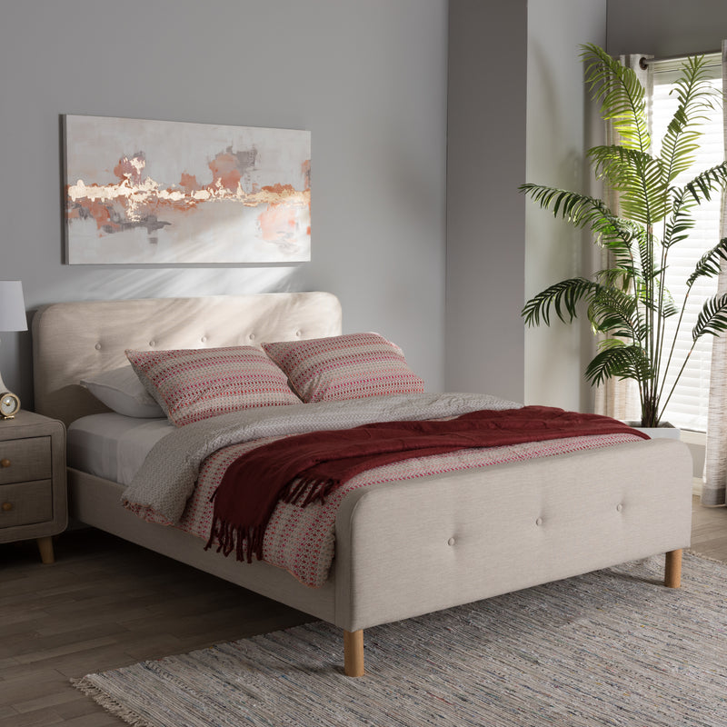 Samson Full Size Platform Bed Mid-Century Light Beige Fabric Upholstered Design for Stylish Bedroom Decor