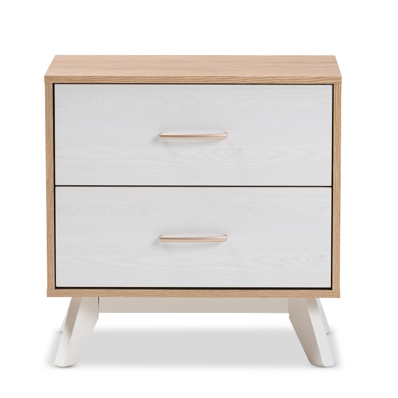 Helena Nightstand Mid-Century Modern Natural Oak and Whitewashed Wood 2-Drawer Design for Stylish Bedroom Storage