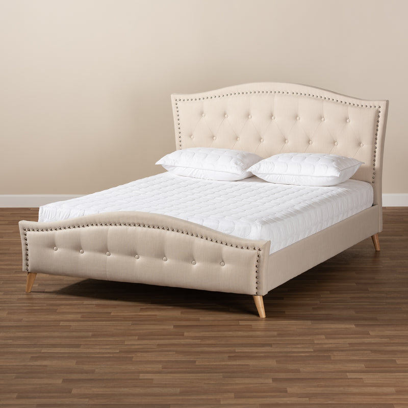 Felisa Platform Bed - Modern and Contemporary Beige Fabric Upholstered with Button Tufting