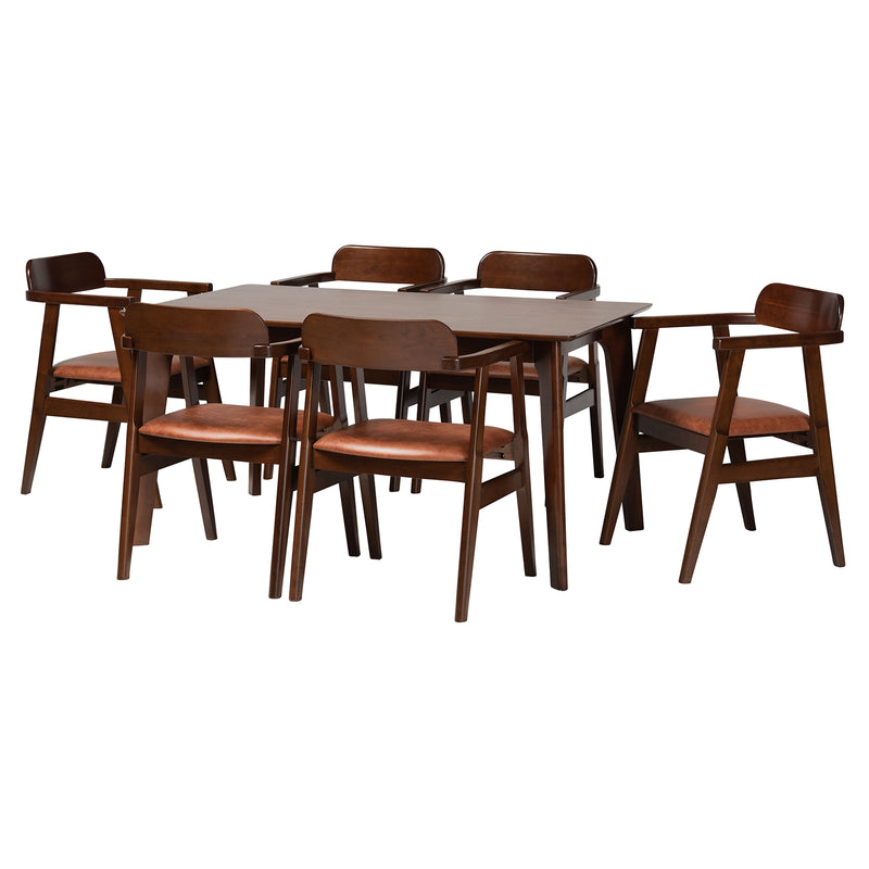 Cleo 7-Piece Dining Set: Mid-Century Modern with Light Brown Faux Leather and Dark Brown Wood Finish