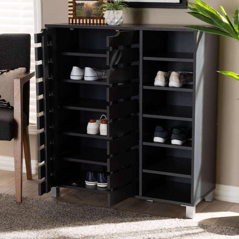 Shirley Shoe Storage Cabinet Modern and Contemporary Dark Grey Finished 2-Door Wood with Open Shelves