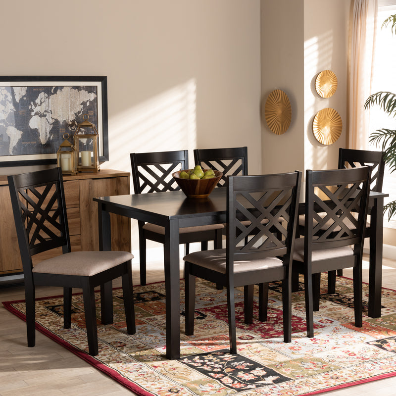 Caron Dining Set Modern and Contemporary Grey Fabric Upholstered Espresso Brown Finished Wood 7-Piece