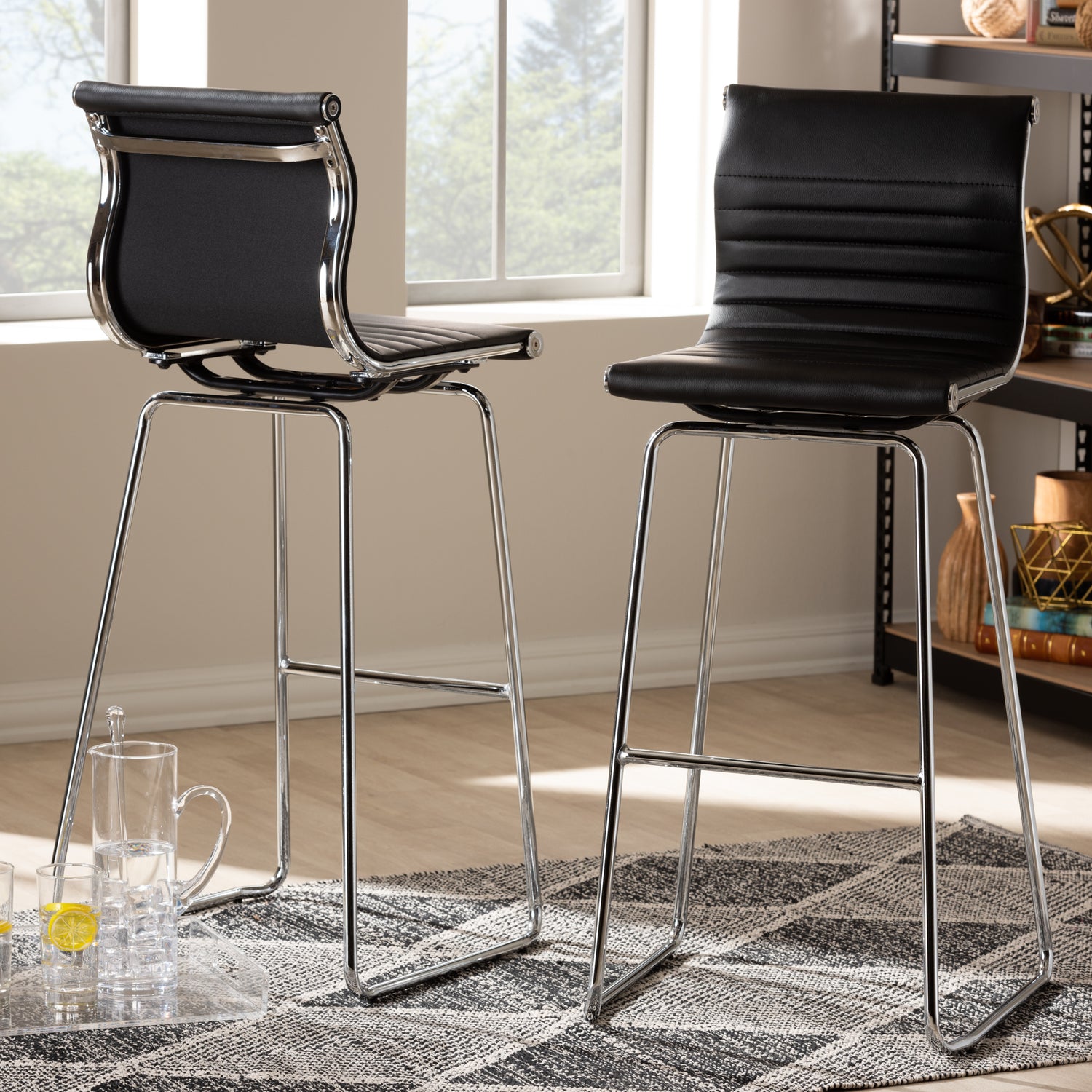 Giorgio Bar Stool Set Modern Black Faux Leather Upholstered Chrome-Finished Steel Frame for Stylish Dining