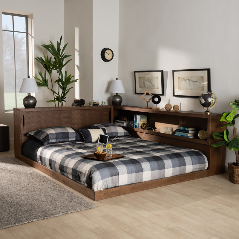 Erie Queen Size Platform Storage Bed - Modern Rustic Walnut Brown Wood with Built-In Outlet for Convenient Charging