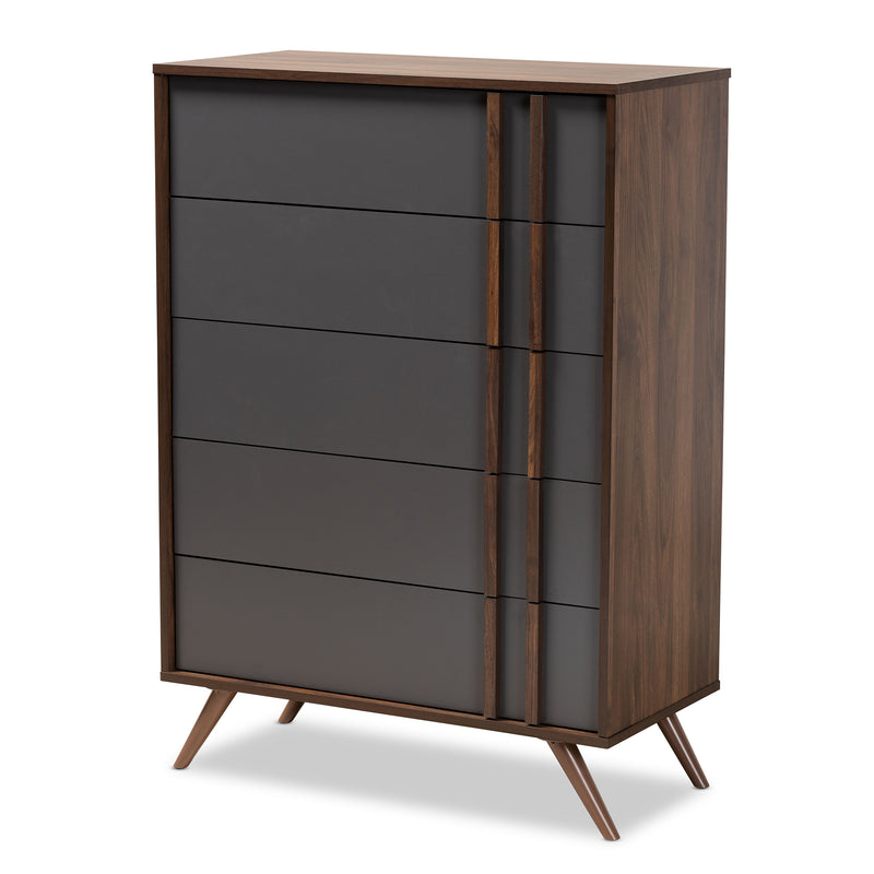 Naoki Bedroom Chest - Modern 5-Drawer Storage Unit in Two-Tone Grey and Walnut Finish for Stylish Organization