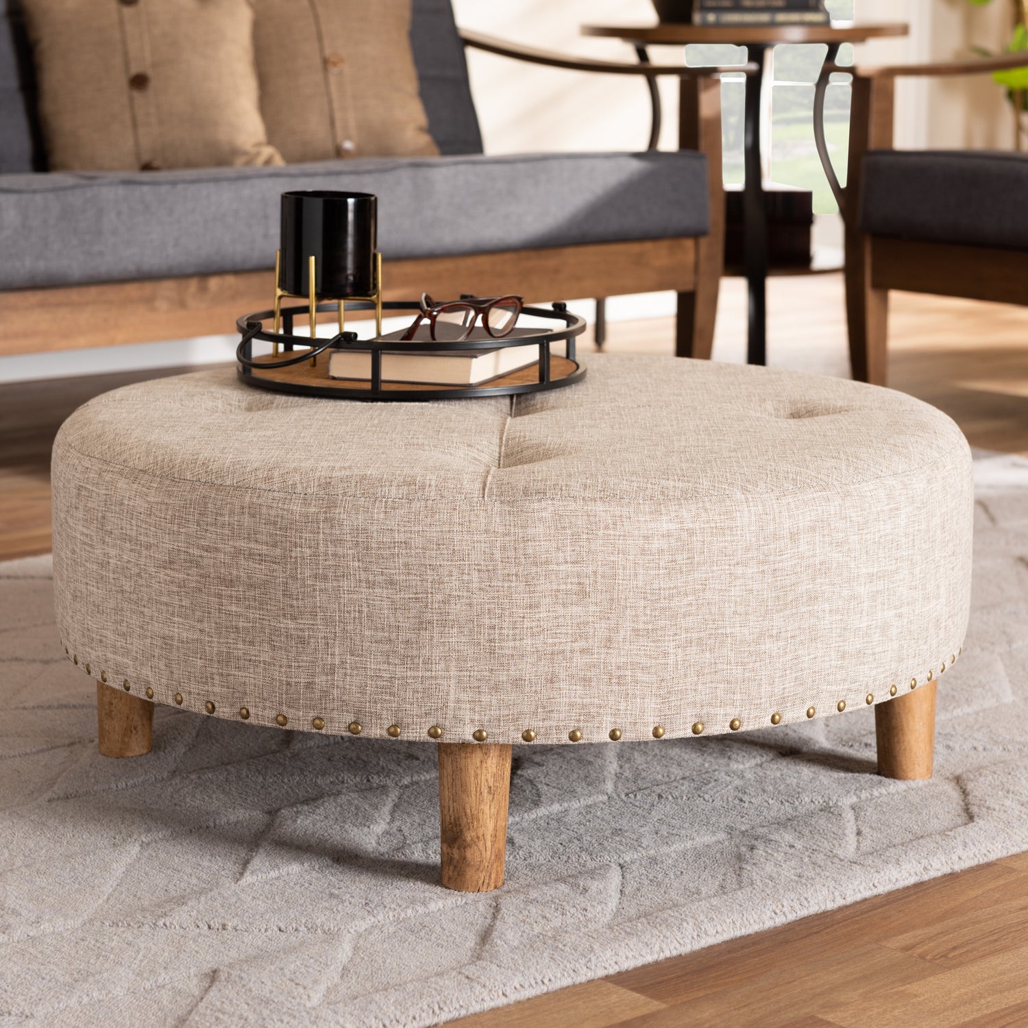 Vinet Ottoman Modern and Contemporary Beige Fabric Upholstered Natural Wood Cocktail