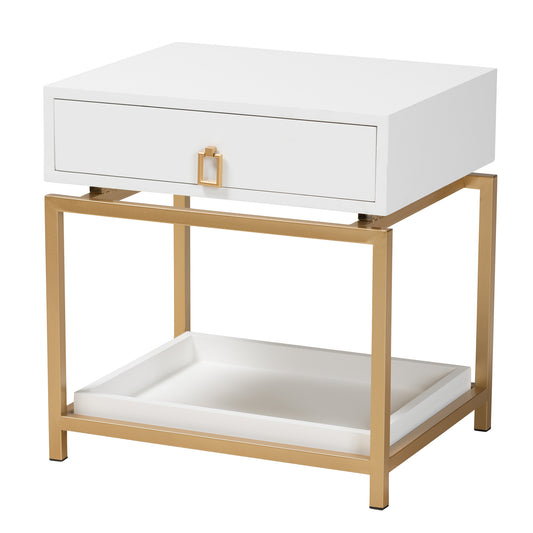 Melosa End Table Modern Glam and Luxe White Finished Wood and Gold Metal 1-Drawer