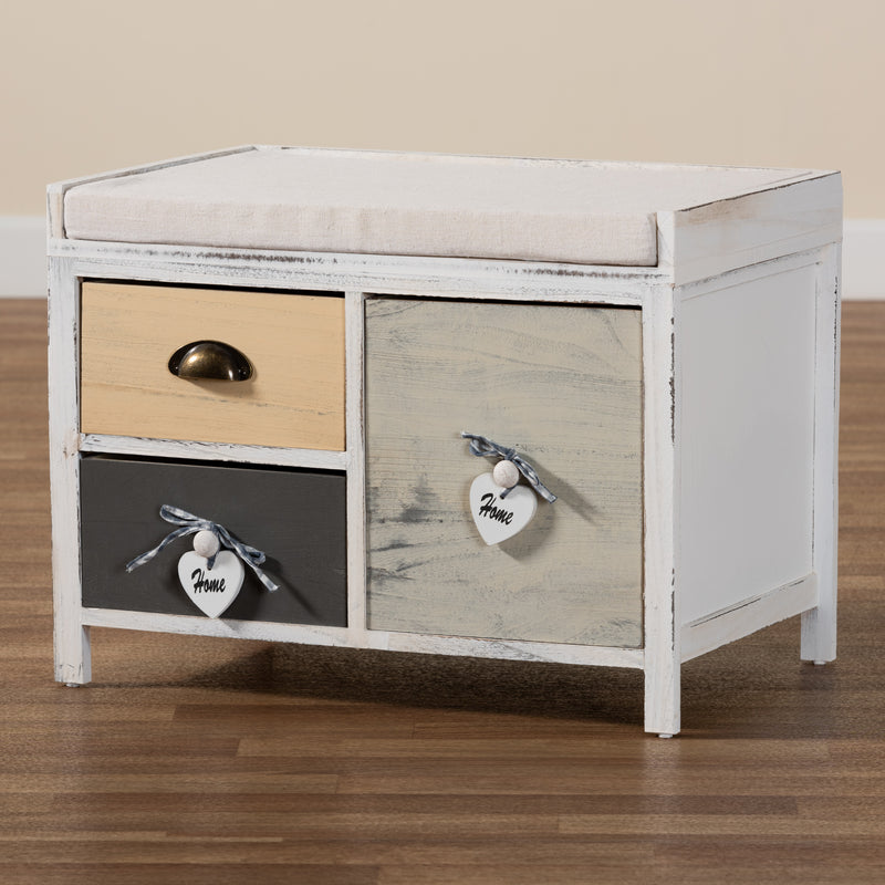 Jacoby Storage Bench Modern Transitional Beige Fabric Upholstered with Multi-Colored Wood and 3 Drawers for Stylish Organization