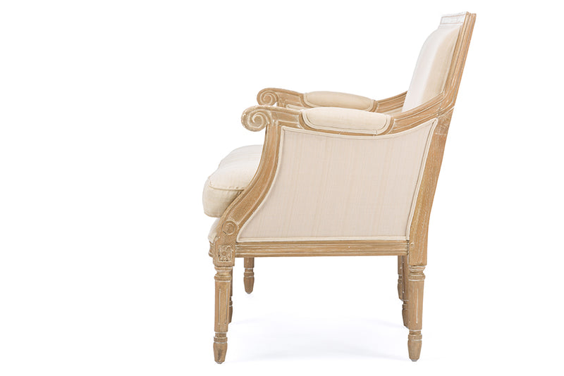 Chavanon Traditional French Loveseat in Wood and Light Beige Linen for Elegant Living Room Seating