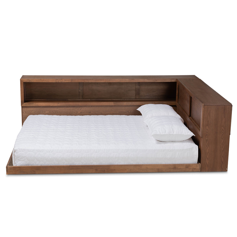 Erie Queen Size Platform Storage Bed - Modern Rustic Walnut Brown Wood with Built-In Outlet for Convenient Charging