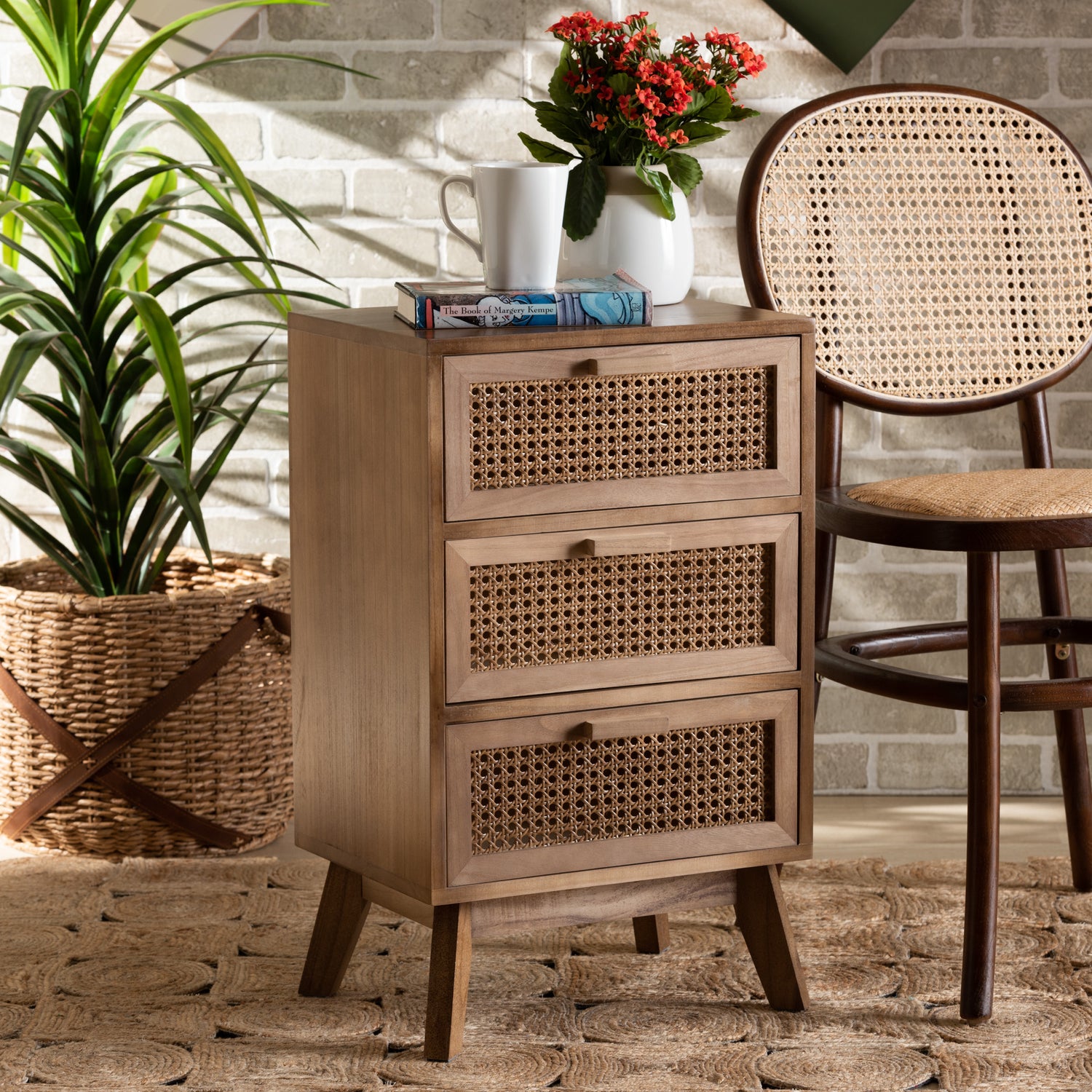 Baden Mid-Century Modern End Table Walnut Brown Wood with 3 Drawers and Rattan Accents