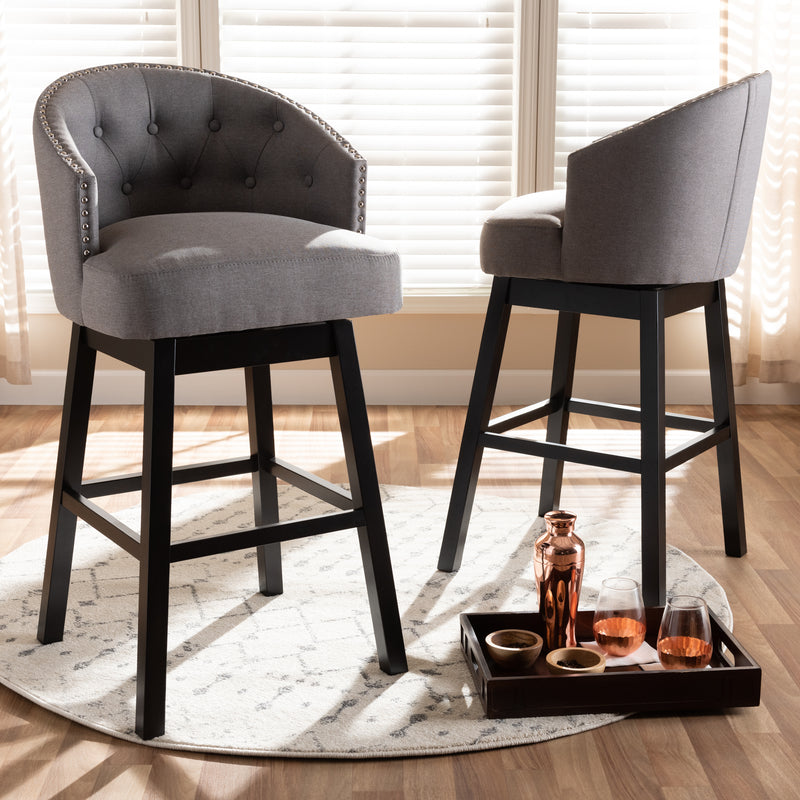 Theron Bar Stool Set of 2 Gray Fabric Upholstered Wood Transitional