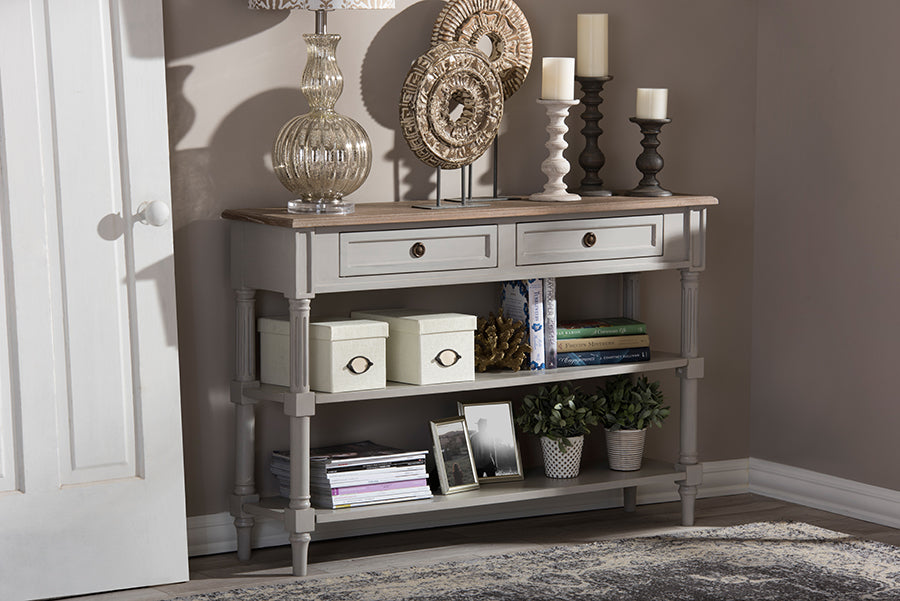 Edouard Console Table French Provincial Style White Wash Distressed Wood Grey Two-Tone 2-Drawer Design for Elegant Home Decor